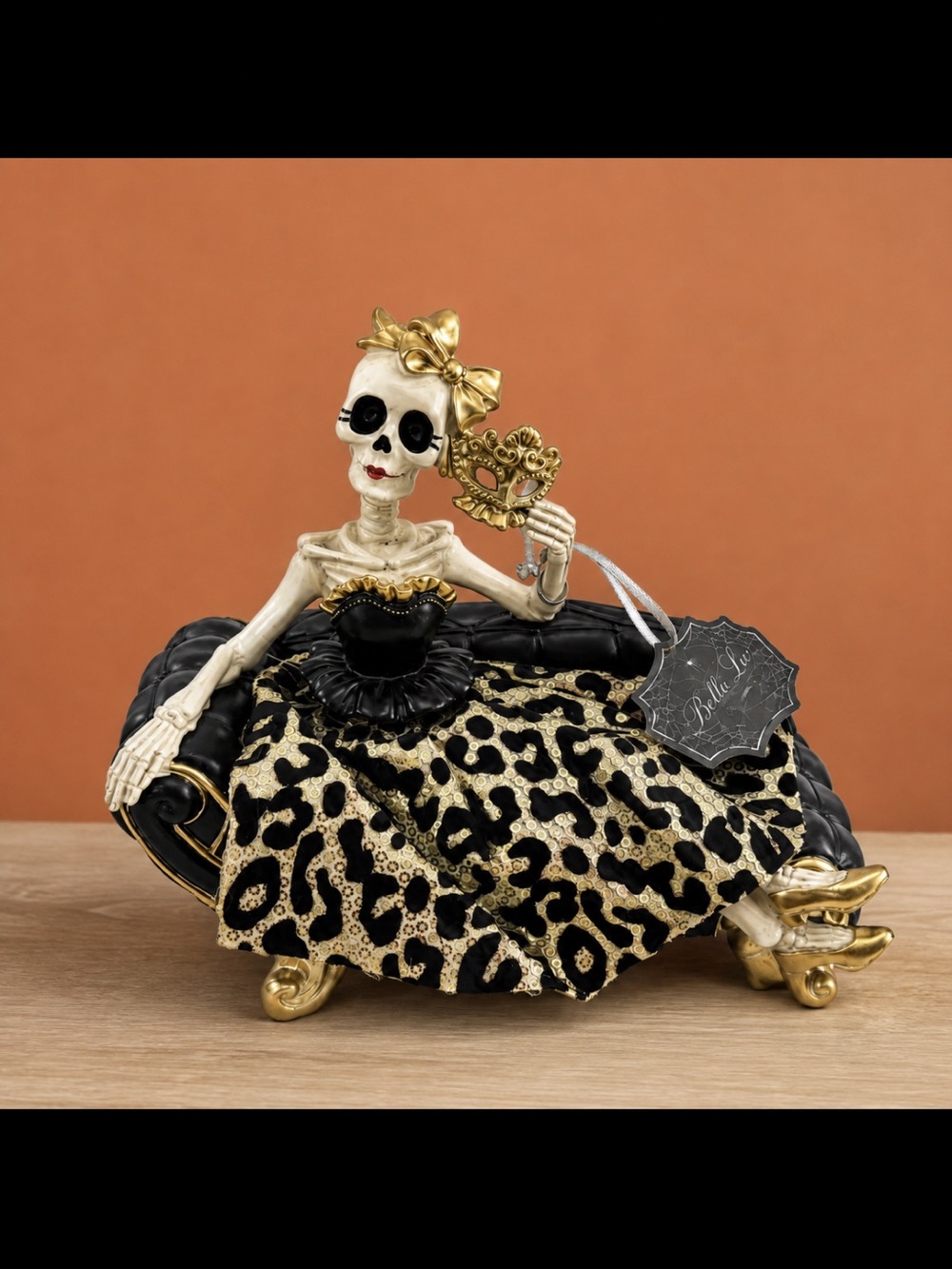 Bella Lux Halloween Skeleton Lady on Chaise Lounge Leopard Print Dress Decor